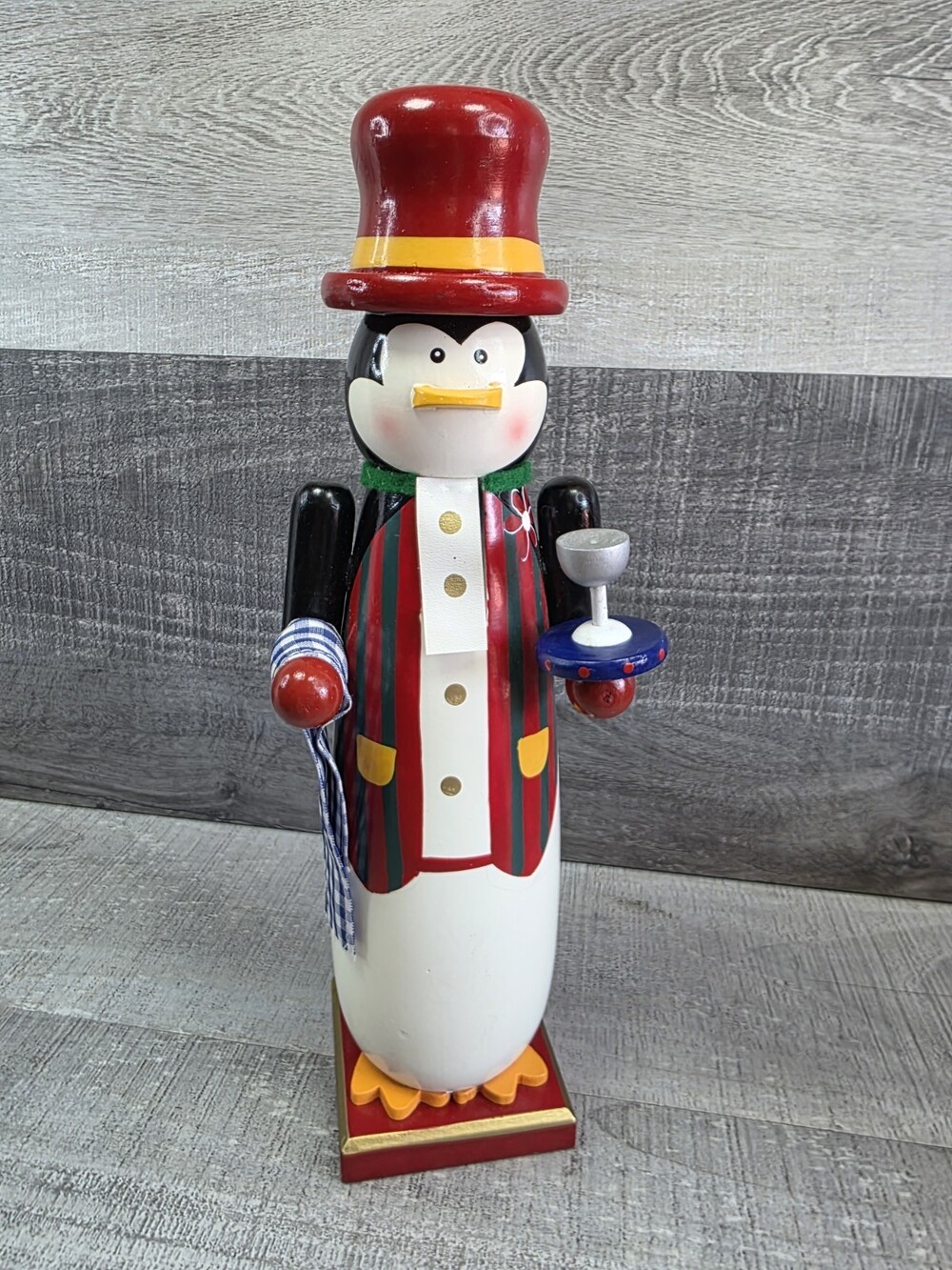 VTG Penguin Nutcracker Wooden Christmas Server Top Hat Waiters Tray 14" g50
